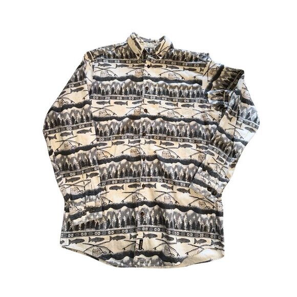 Woolrich Shirt Men L Green Gray Shirt Button Down Flannel Cabin Fishing Print - Picture 1 of 10